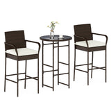 Tangkula 3 Piece Outdoor Bar Set Patio Rattan Heavy Duty Bar Height Glass Top Table & Chairs