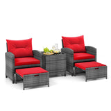 Tangkula 5 Piece Patio Rattan Furniture, Wicker Cushioned Chairs Set w/ 2 Ottomans & Tempered Glass Coffee Table
