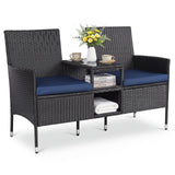 Tangkula Patio Loveseat | Outdoor Wicker 2-Seat Bench with Built-in Glass Side Table