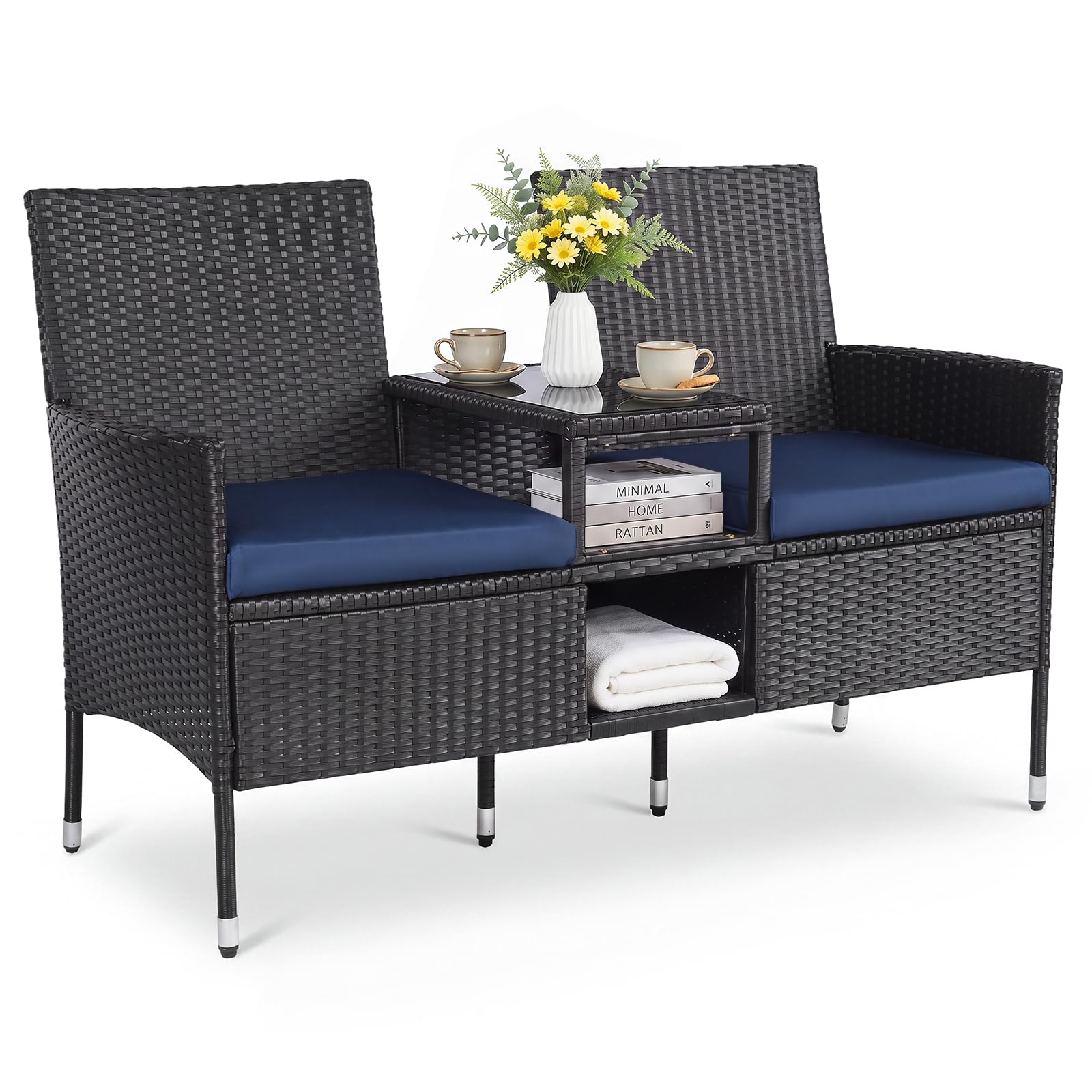 Tangkula Patio Loveseat | Outdoor Wicker 2-Seat Bench with Built-in Glass Side Table