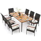Tangkula 9-Piece Patio Dining Set, 79" Outdoor Dining Table & 8 Rattan-Woven Dining Chairs with Acacia Wood Tabletop