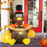 Tangkula 5 FT Thanksgiving Inflatable Turkey with Pumpkin, Blow up Decoration with LED Lights