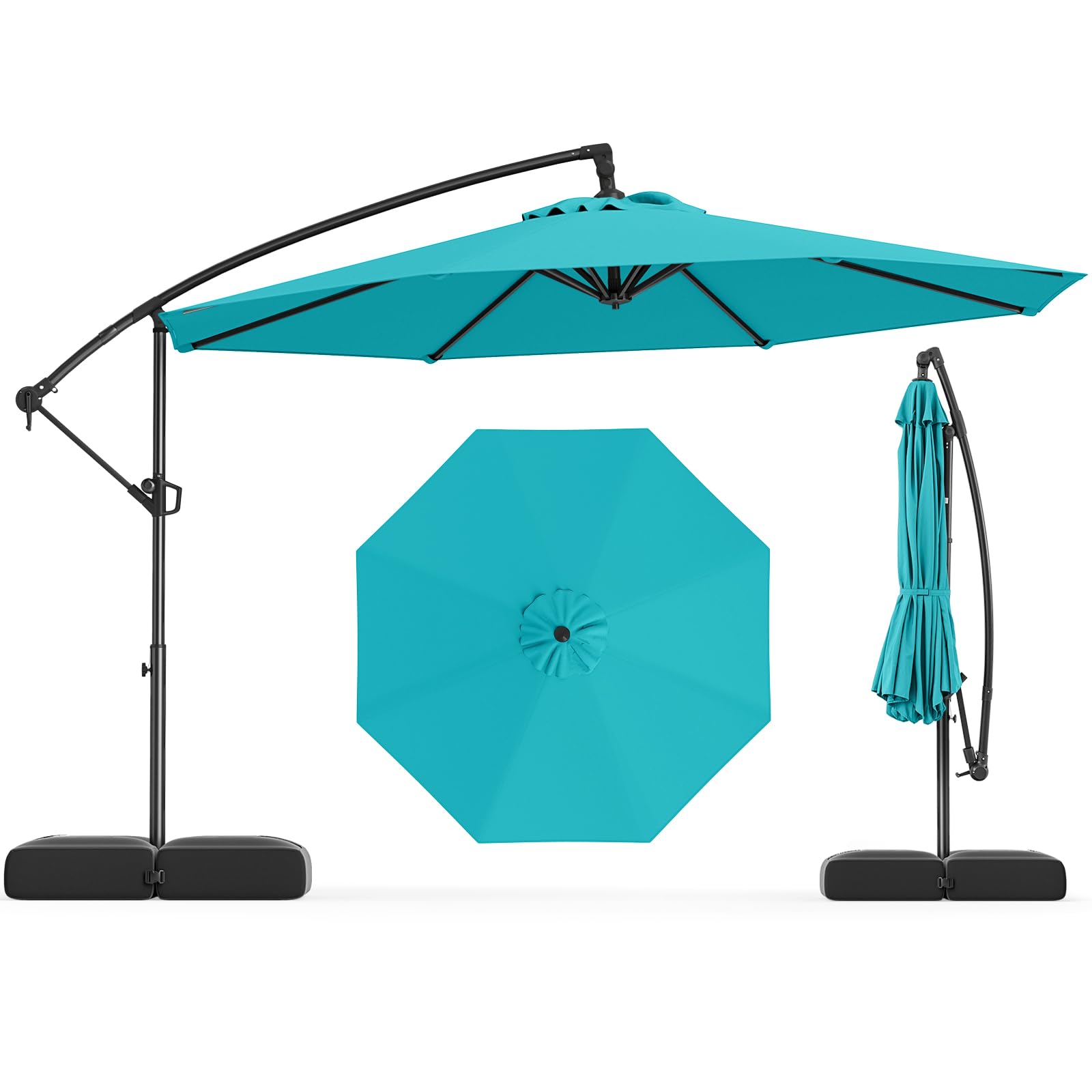 10 feet offset patio umbrella 10 Feet Offset Hanging Umbrella with Base Patio Cantilever Umbrella with Tilt Turquoise