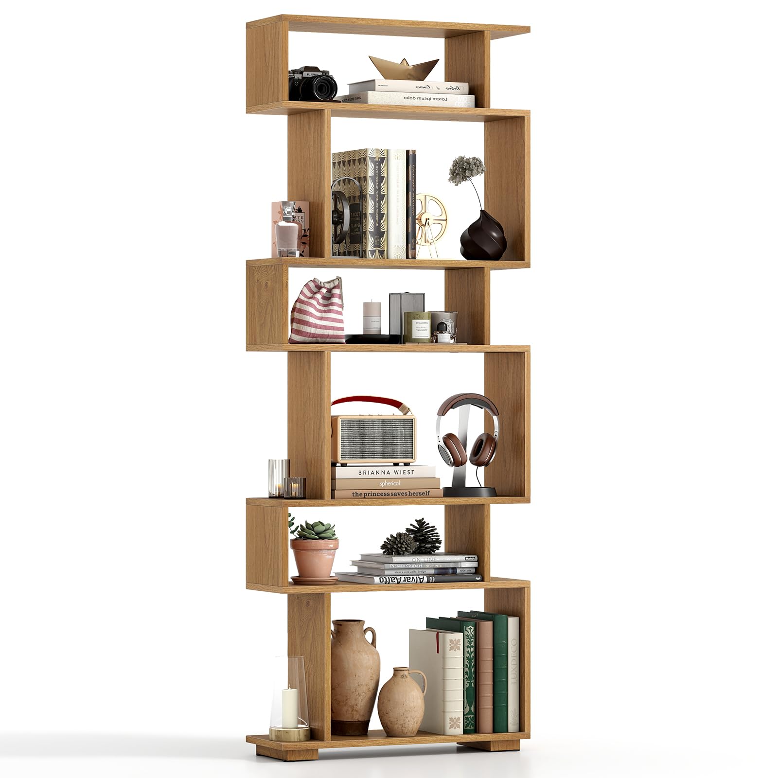 Tangkula 6 Tier S Shaped Bookshelf with Anti Toppling Device