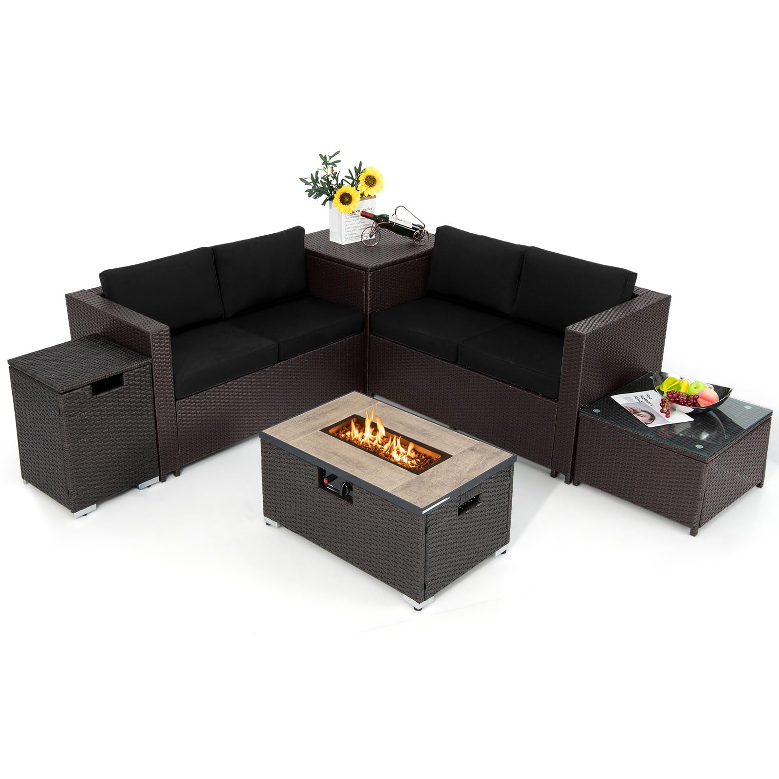 Tangkula 6 Pieces Patio Wicker Furniture Set with 32 Inches Propane Fire Pit Table and Tank Holder