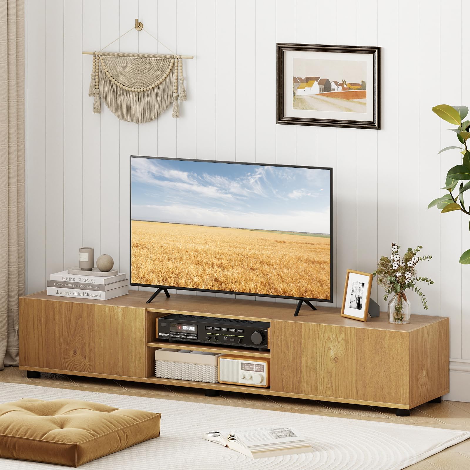 Tangkula Modern TV Stand 63”L Minimalist Entertainment Center w/ 2 Doors & Open Shelves