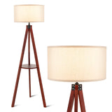 Tangkula Tripod Floor Lamp, Mid Century Wood Standing Lamp with Storage Shelves