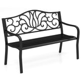 Tangkula 50 Inches Outdoor Garden Bench with Floral Design Backrest and Slatted Seat