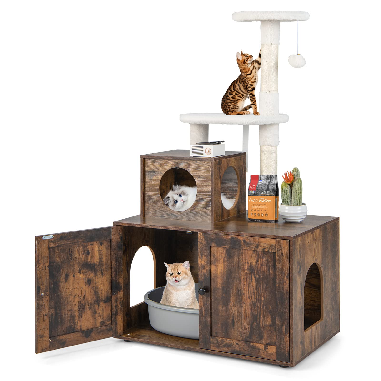 Tangkula Litter Box Enclosure with Cat Tree Tower, 2-in-1 Hidden Cat Washroom with Cat Condo