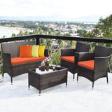 Tangkula 4-PCS or 8-PCS Patio Rattan Conversation Set, Outdoor Wicker Furniture Set with Tempered Glass Coffee Table &Thick Cushion