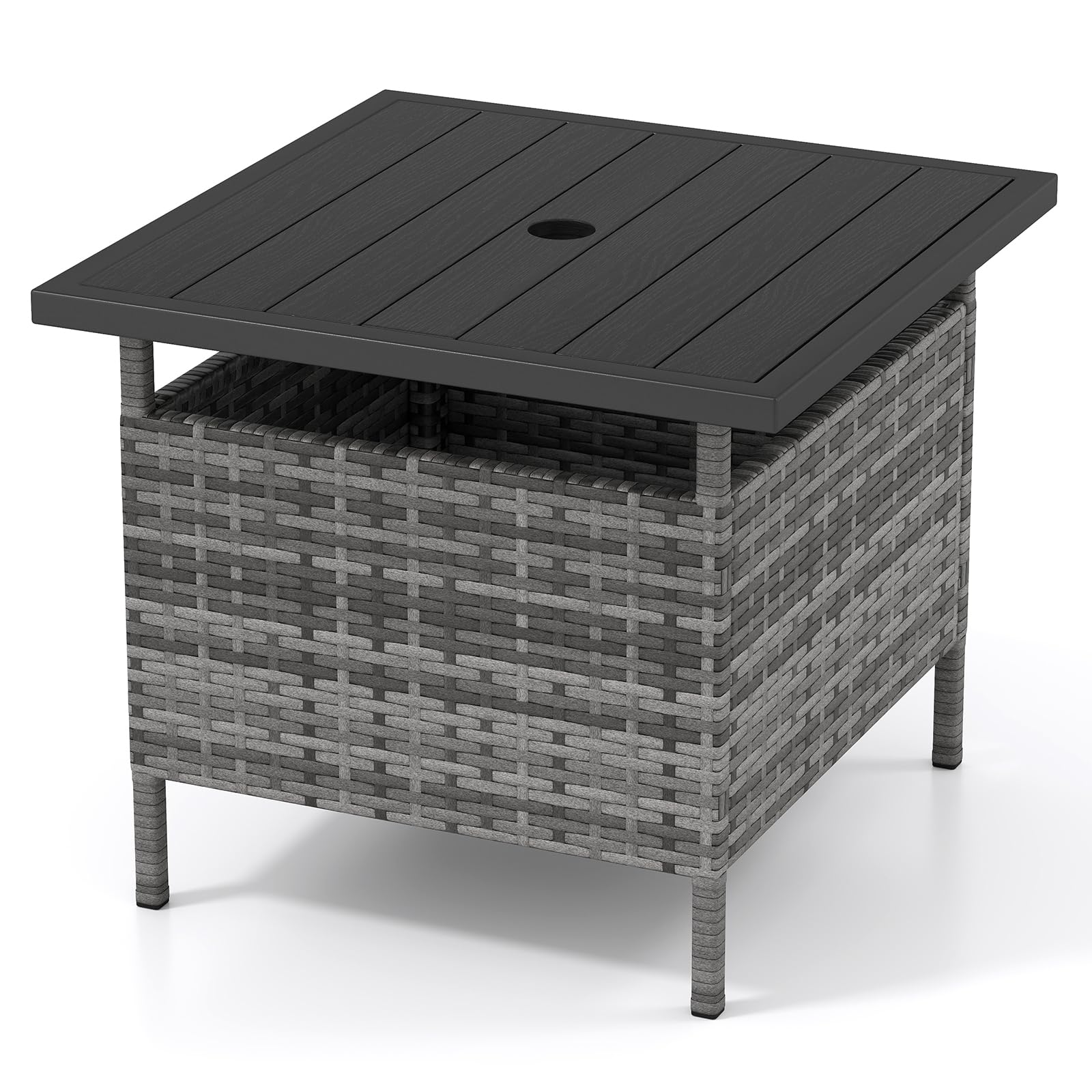 Tangkula Outdoor Wicker Table, Rattan Coffee Table with Umbrella Insert Hole, HDPE Tabletop & Sturdy Metal Frame