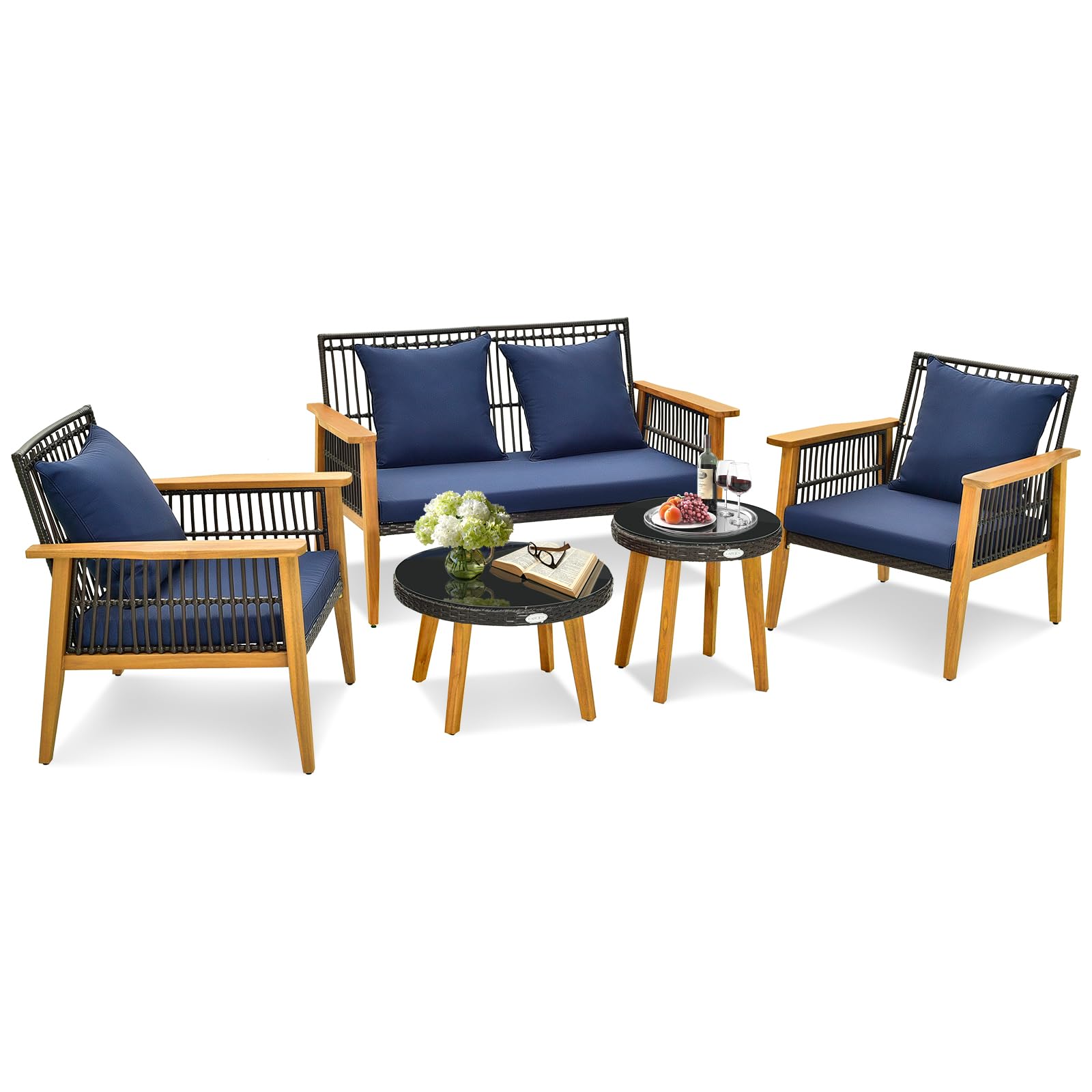 Tangkula 5 Piece Outdoor Conversation Set, Patiojoy Rattan Chair Set with 2 Coffee Tables, Stable Acacia Wood Frame