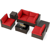 Tangkula 7 Pieces Wicker Patio Furniture Set with 40,000 BTU Gas Fire Pit Table & Propane Tank Cover Table & Glass Top Coffee Table