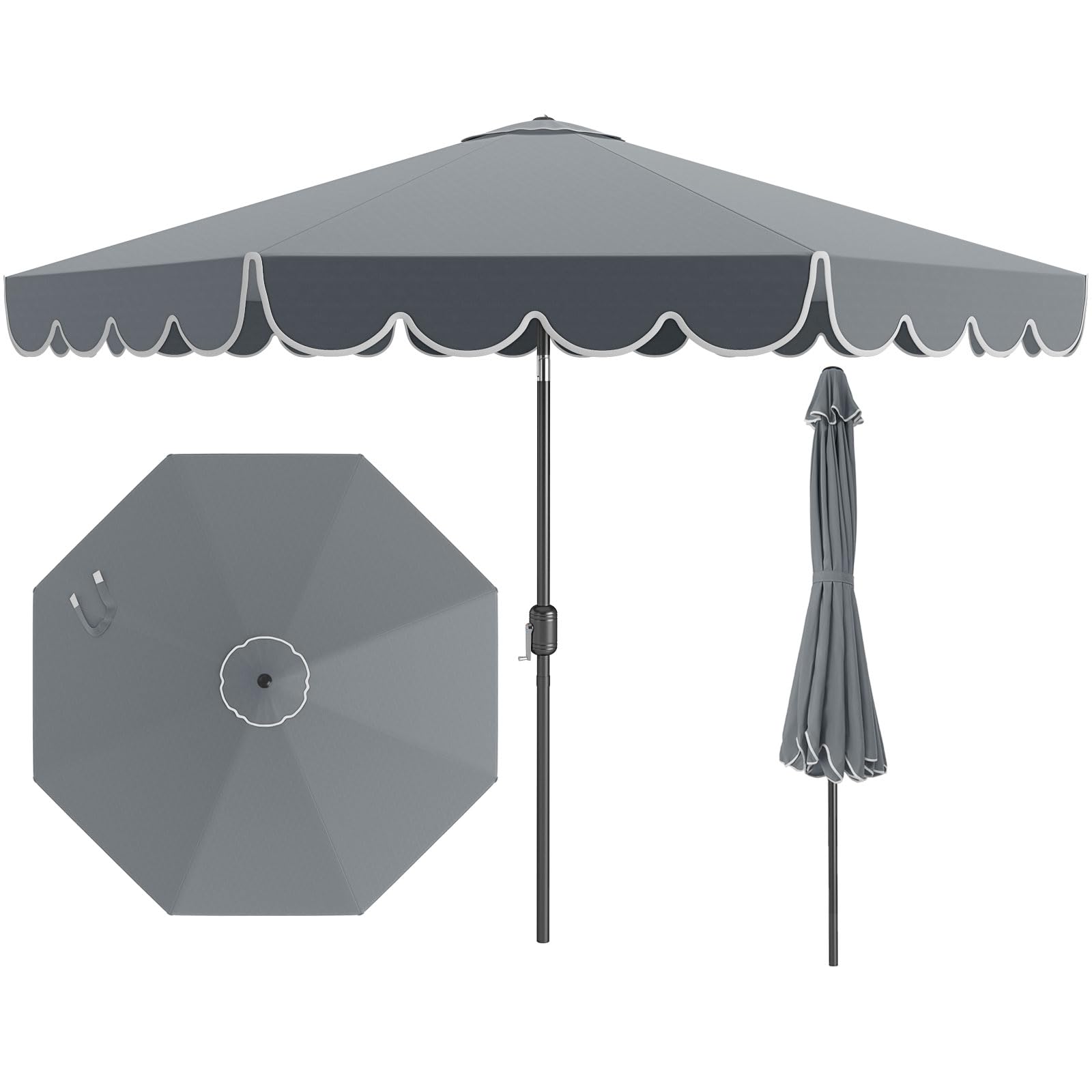 beige and black scalloped patio umbrella Costway Outdoor Market Patio Umbrella with Crank Tilt Adjustment Ruffles-Grey