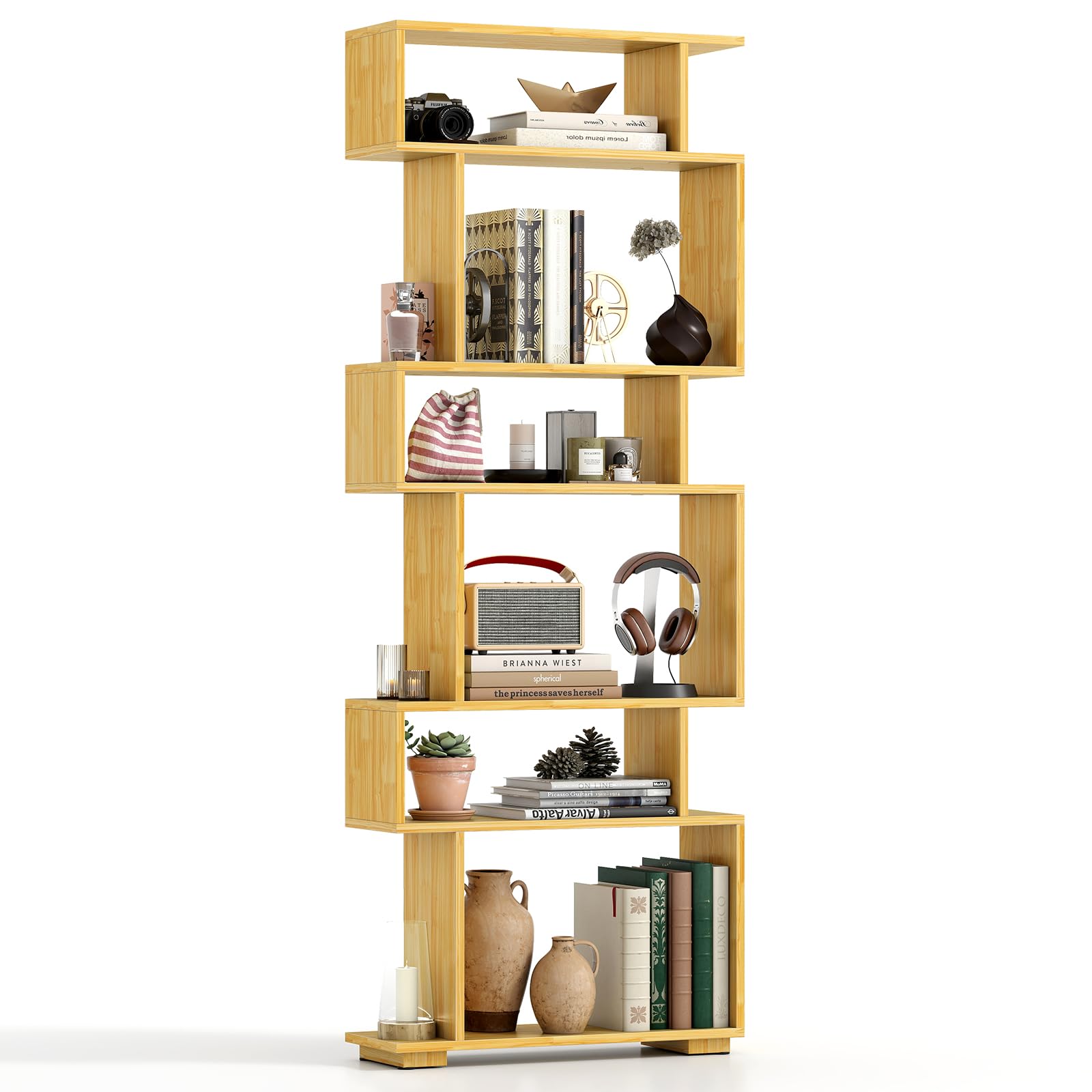 Tangkula 6 Tier S Shaped Bookshelf with Anti Toppling Device