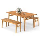 Tangkula 3 Pieces Patio Dining Set Acacia Wood Picnic Table with 1.97” Umbrella Hole and 2 Benches