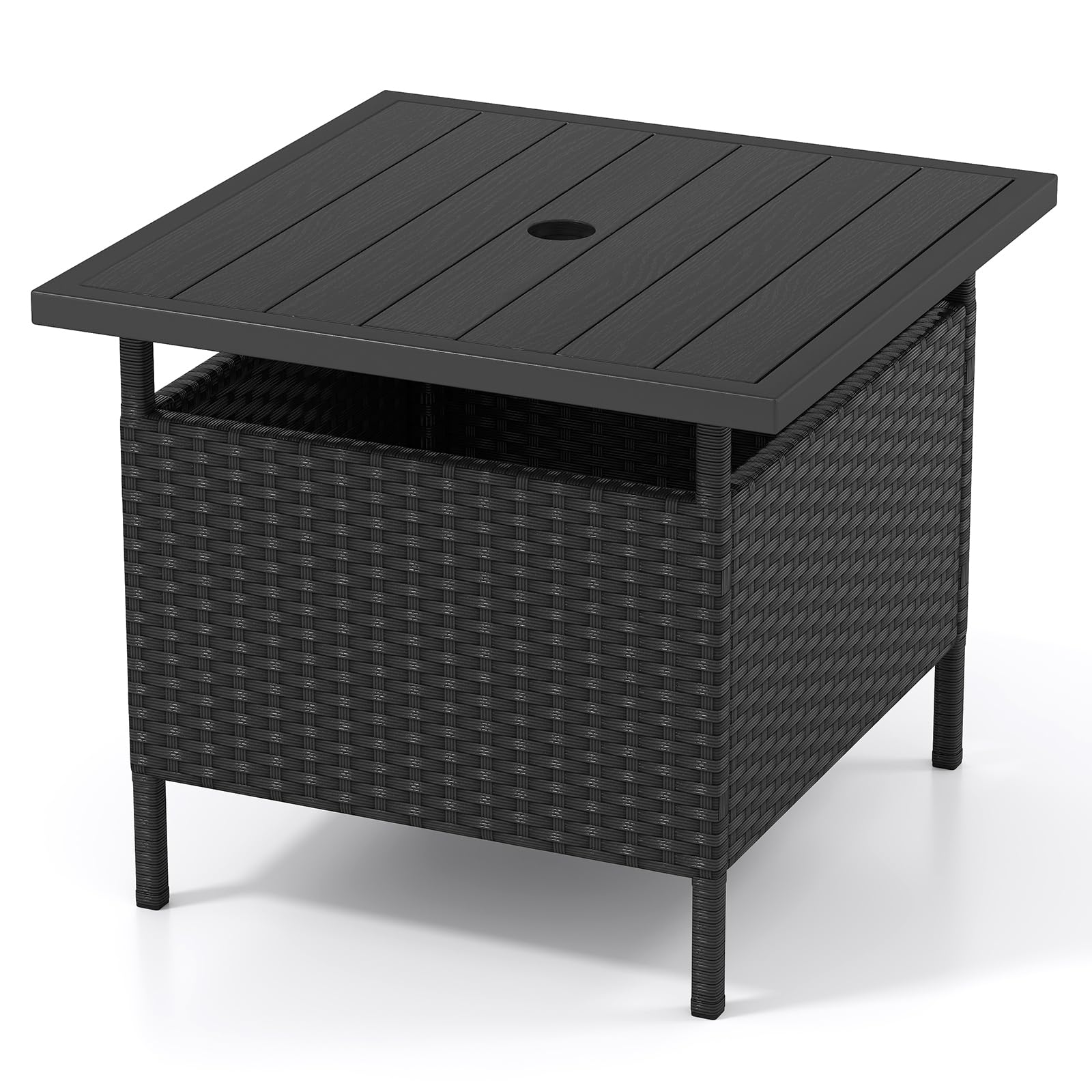 Tangkula Outdoor Wicker Table, Rattan Coffee Table with Umbrella Insert Hole, HDPE Tabletop & Sturdy Metal Frame