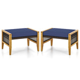 Tangkula Set of 2 Outdoor Ottomans, Patio Acacia Wood Ottomans with Cushions (Navy)