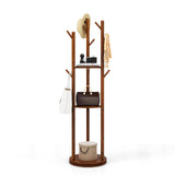 Tangkula Coat Rack Freestanding, Rotary Wooden Coat Tree with 3 Display Storage Shelves & 9 Hooks for Coats