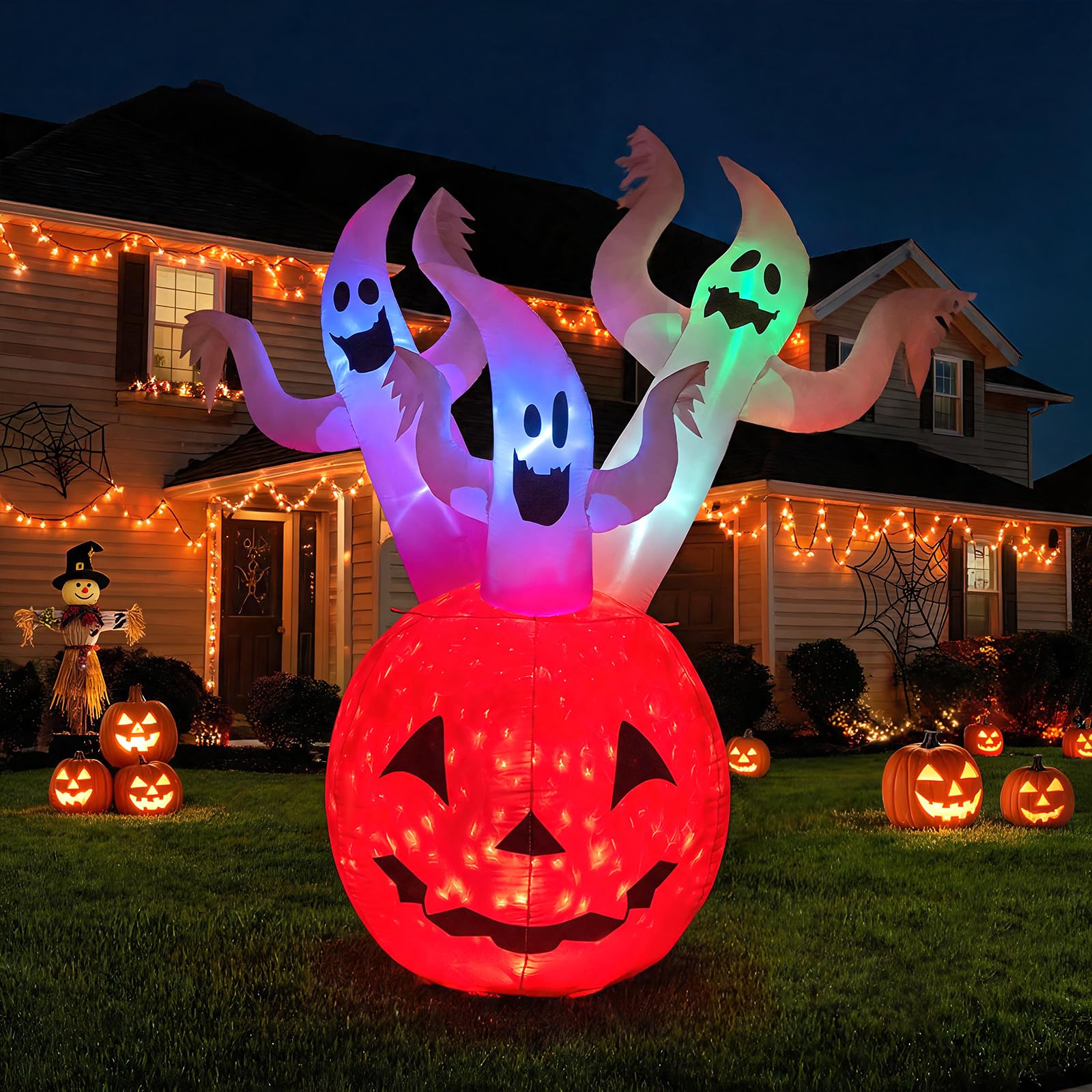 Tangkula 6 FT Halloween Lighted Inflatable 3 Ghosts in Pumpkin