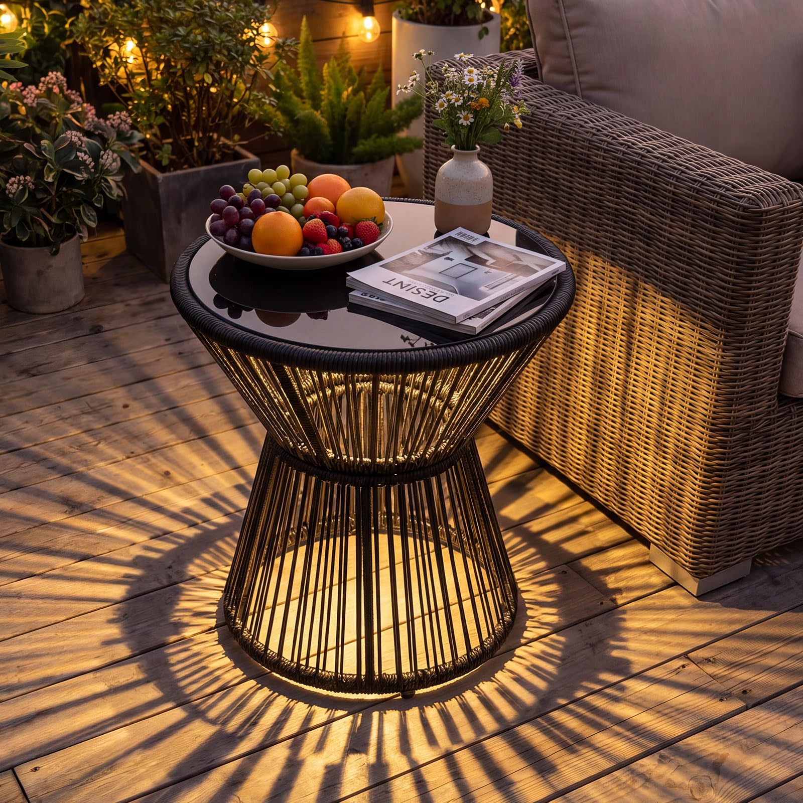 Tangkula PE Rattan Hourglass-Shaped Outdoor Side Table with LED Warm Light (1/2)