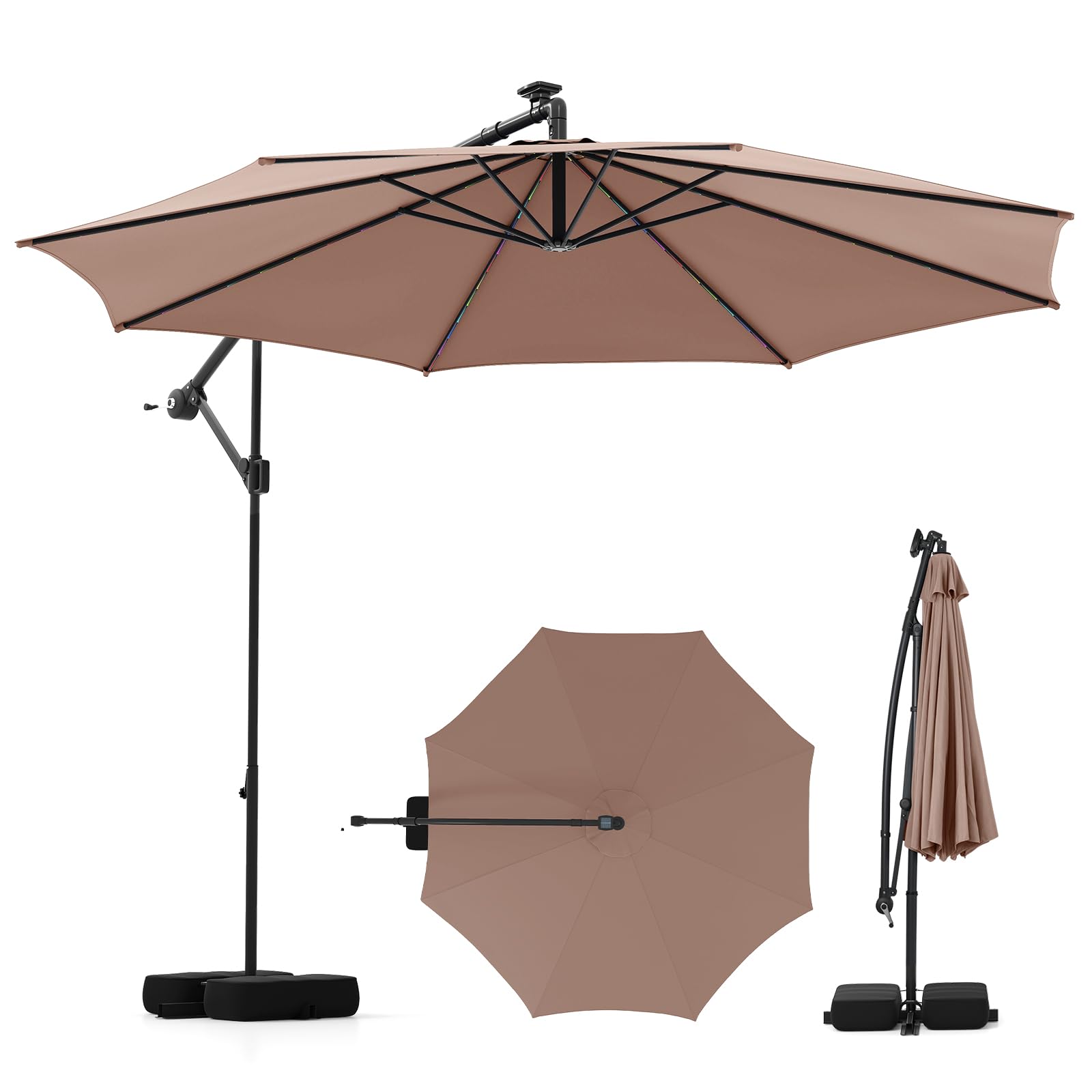 Tangkula 10 ft Solar Cantilever Patio Umbrella with Base, Coffee Tangkula 10 ft Solar Cantilever Patio Umbrella with Base, Coffee