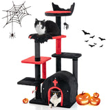 Tangkula Gothic Cat Tree, 53 Inch Black Cat Tower with Coffin Cat Bed, Spider Pompom & Spring Balls