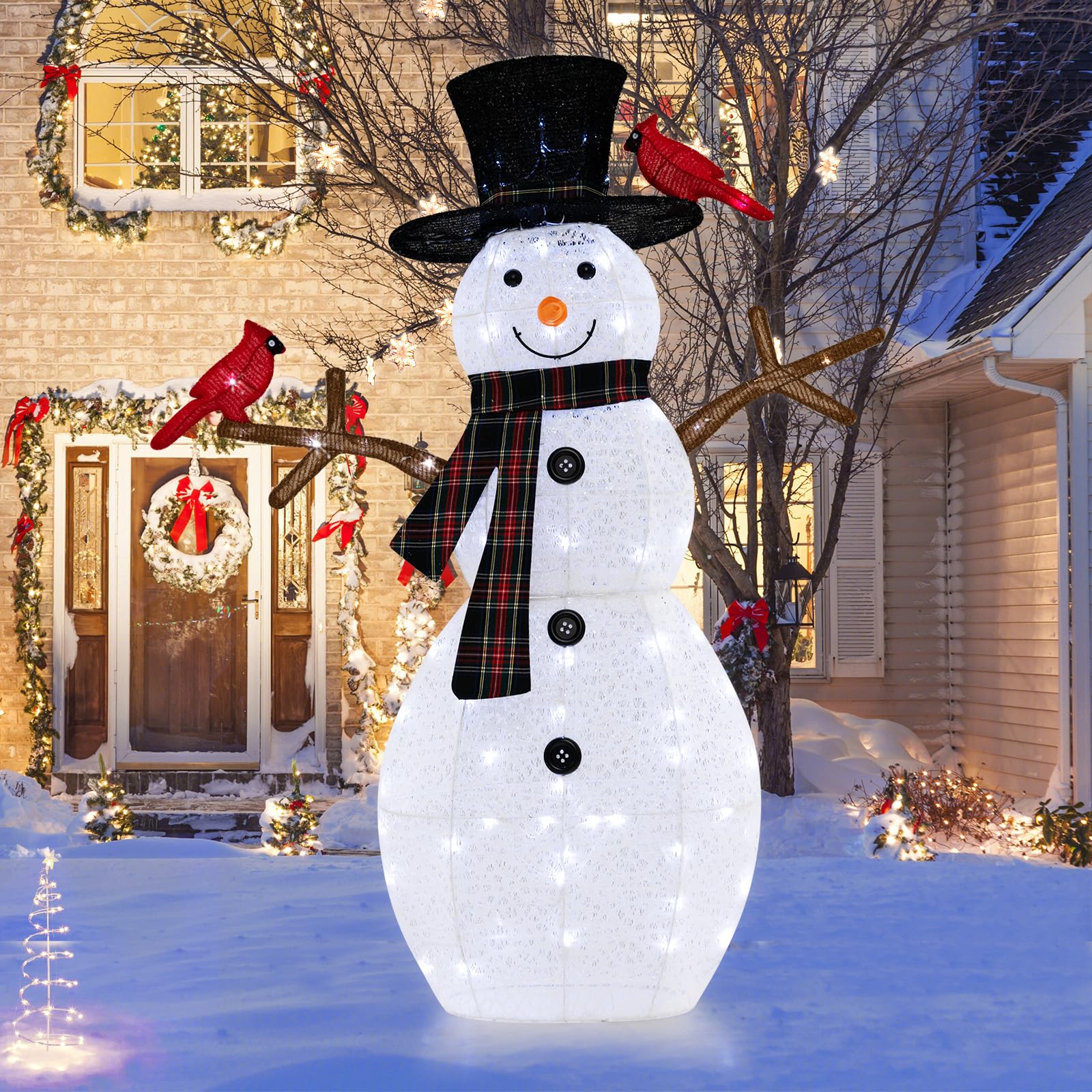 4.2 FT Lighted Christmas Snowman with Redbirds - Tangkula