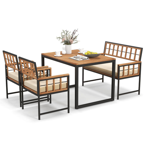 Tangkula 4 Piece Patio Dining Set, Outdoor Wood Dining Furniture W/ 2 Chairs, 1 Loveseat & 47” Acacia Wood Table