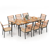 Tangkula 9-Piece Patio Dining Set, 79" Rectangle Dining Tables with 8 Wooden Armchairs