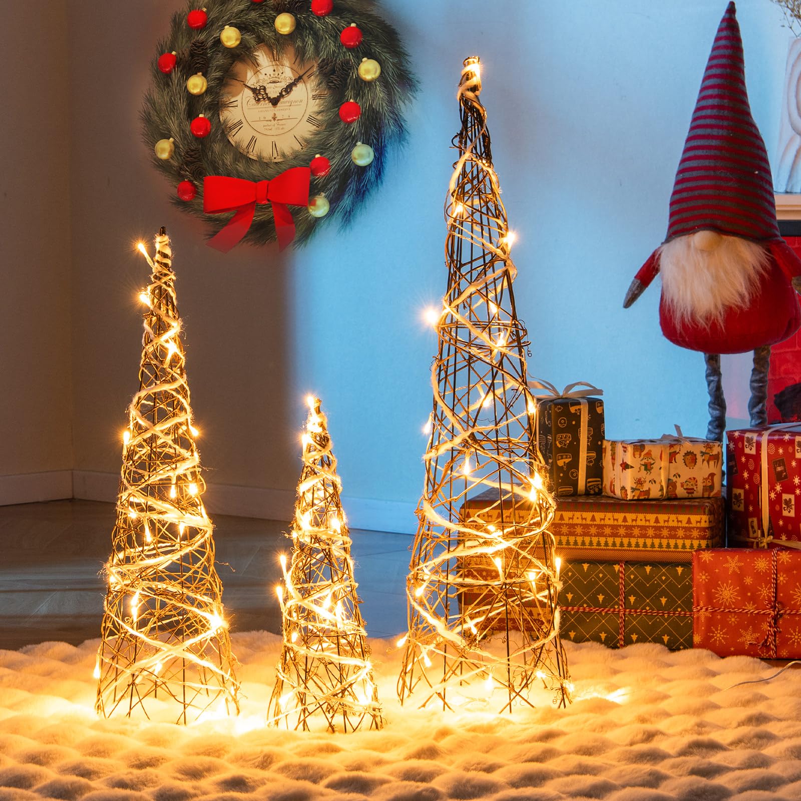 Tangkula Set of 3 Lighted Christmas Rattan Cone Trees Holiday Decorative Trees with LED Lights and Metal Frame