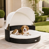 Tangkula Wicker Dog House with Retractable Canopy | Removable Cushion