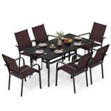 Tangkula 7 Pieces Patio Dining Set 63” x 33” Outdoor Rectangle Metal Table with Umbrella Hole 6 Stackable Breathable Mesh Armchairs