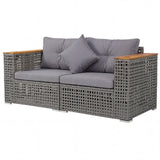 Tangkula 62.5" Large Patio Wicker Loveseat with Acacia Wood Armrests & Cup Holders