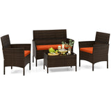 Tangkula 4/8 Piece Patio Rattan Conversation Set, Outdoor Wicker Furniture Set with Chair, Loveseat & Tempered Glass Table