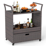 Tangkula Outdoor Rolling Wicker Bar Cart with Tempered Glass Top