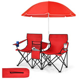 Tangkula Double Camping Chairs with Umbrella, Portable 2 Seat Folding Camp Chair with Cooler Bag