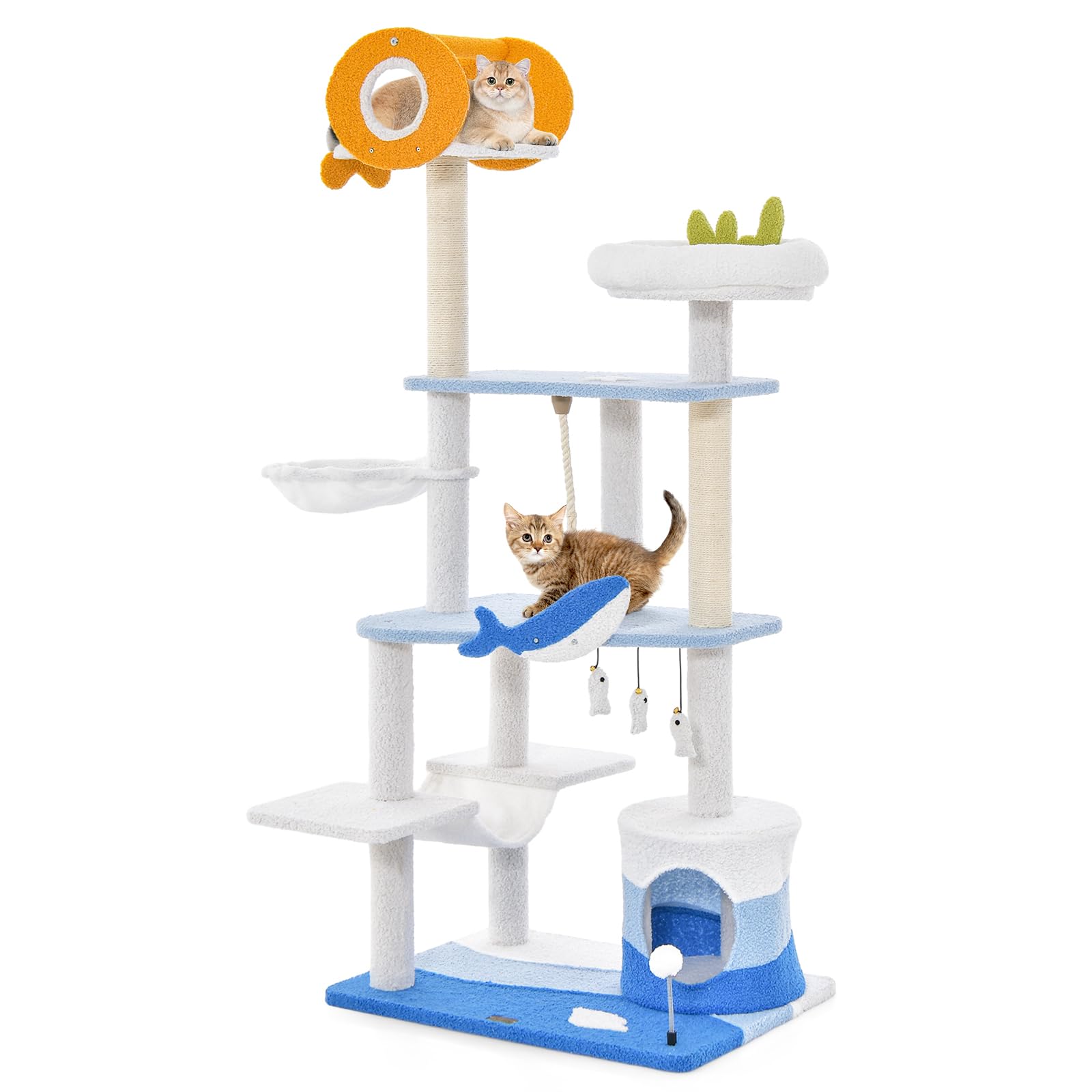 Tangkula Ocean-Themed Cat Tree, 3-Level Cat Tower with Sisal Scratching Posts, Condo, Perch, Hammock