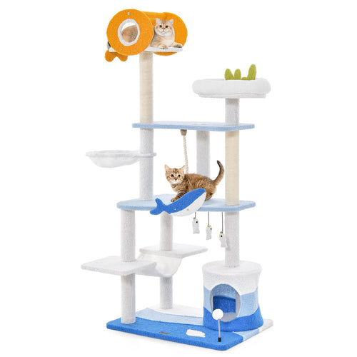 Tangkula Ocean-Themed Cat Tree, 3-Level Cat Tower with Sisal Scratching Posts, Condo, Perch, Hammock