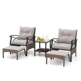 Tangkula 5 Pieces Wicker Patio Furniture Set, Outdoor Rattan Chairs with Ottomans, Cushions and 2-Tier Tempered Glass Side Table