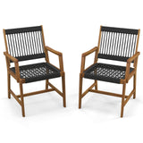 Tangkula Outdoor Acacia Wood Dining Chairs Set of 2, All-Weather Rope Woven Patio Chairs with Armrests