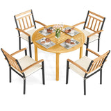 Tangkula 5 Pieces Outdoor Wood Dining Set- 44” Patio Acacia Round Table and Metal Cushioned Chairs