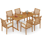 Tangkula 7 Piece Patio Acacia Wood Dining Set for 6 with Umbrella Hole & 6 Cushioned Armchairs
