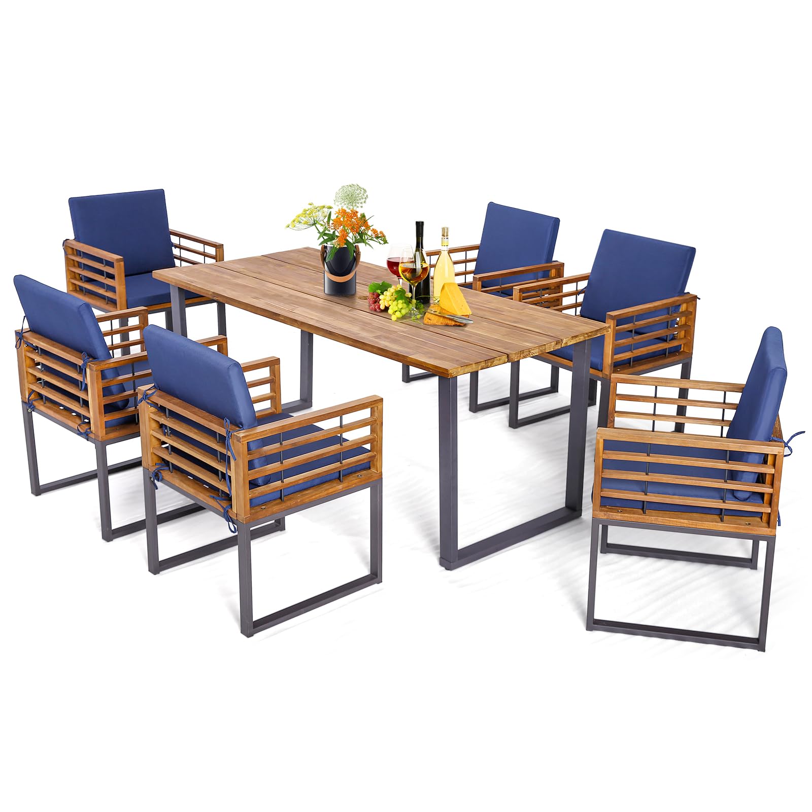 Tangkula 7 Piece Patio Dining Set, Acacia Wood Dining Chair & Table Set