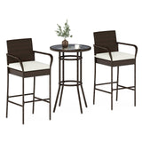 Tangkula 3 Piece Patio Rattan Heavy Duty Bar Height Glass Top Table & Chairs