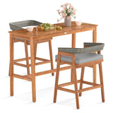 Tangkula 3 Piece Patio Bar Set Outdoor Acacia Wood Counter Height Table with 2 Cushioned Barstools