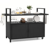 Tangkula Outdoor Bar Cart, Patiojoy Rolling Wicker Buffet Serving Cart with Tempered Glass Top