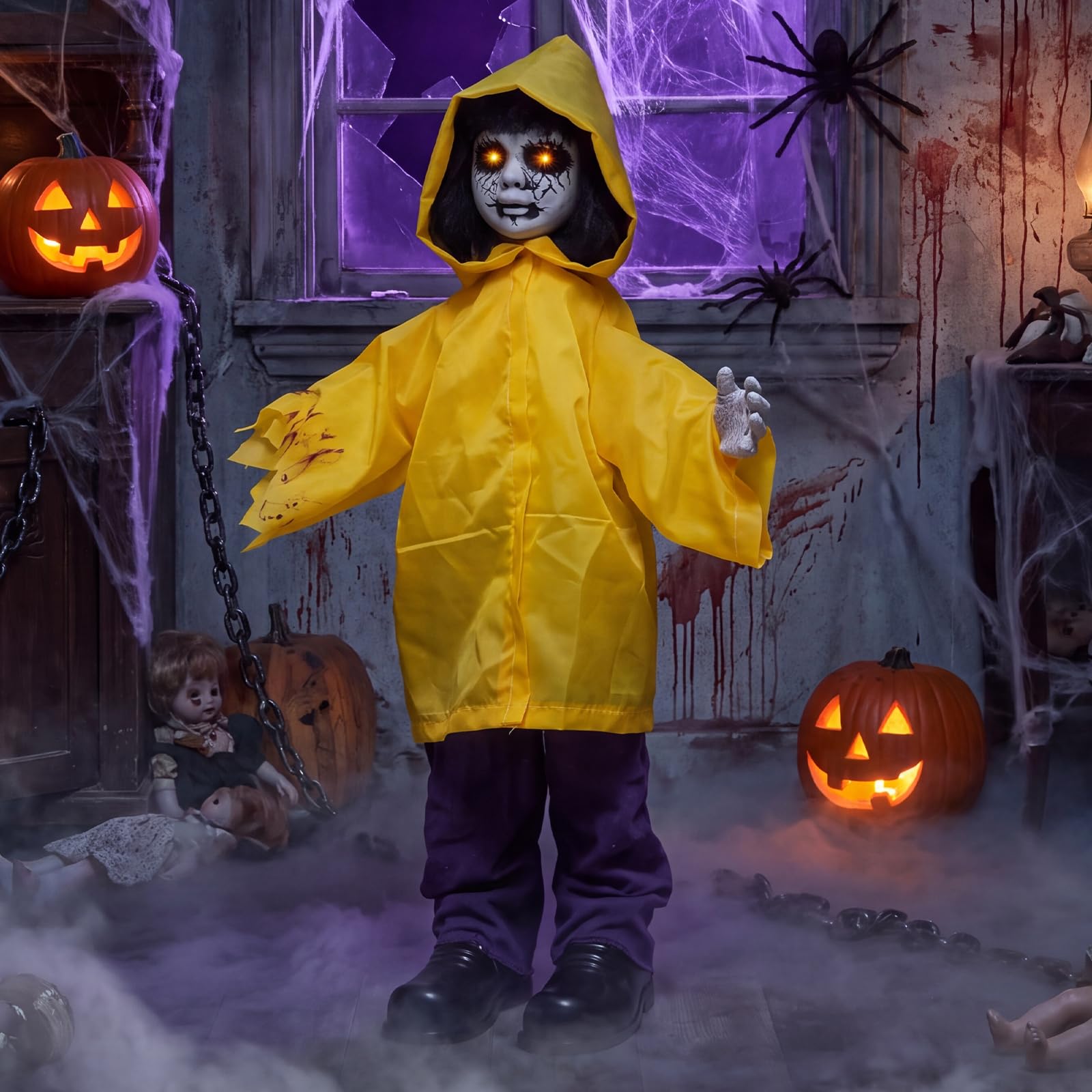 Animatronic Haunted Boy with Light Up Eyes & Creepy Sound