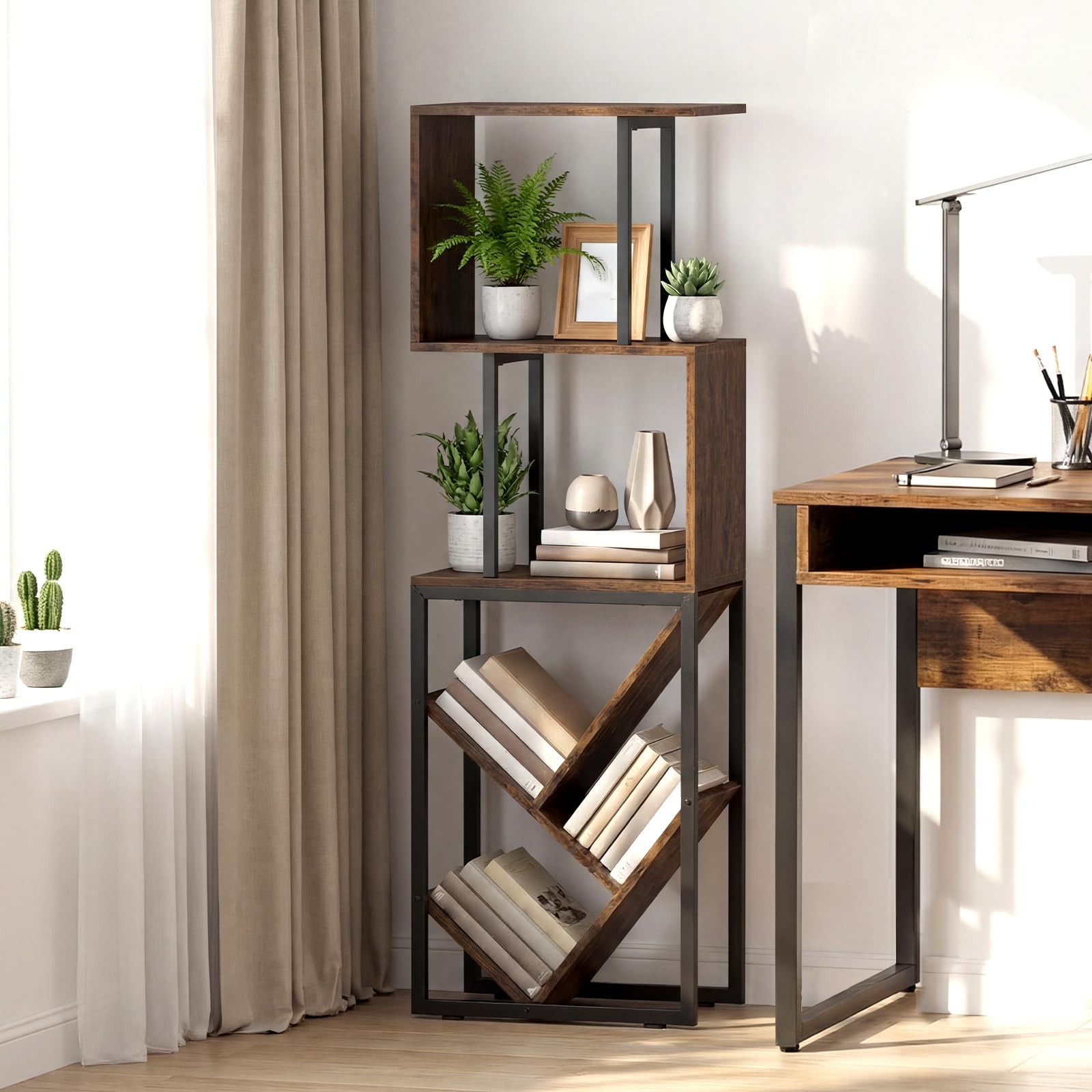 Tangkula 6-Tier Bookshelf Floor Standing S-Shaped Geometric Bookcase(1/2)