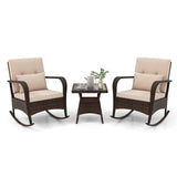 Tangkula 3 Pieces Rocking Bistro Set, Patiojoy Outdoor PE Rattan Rocker Chairs with Removable Cushions & Tempered Glass Top Coffee Table